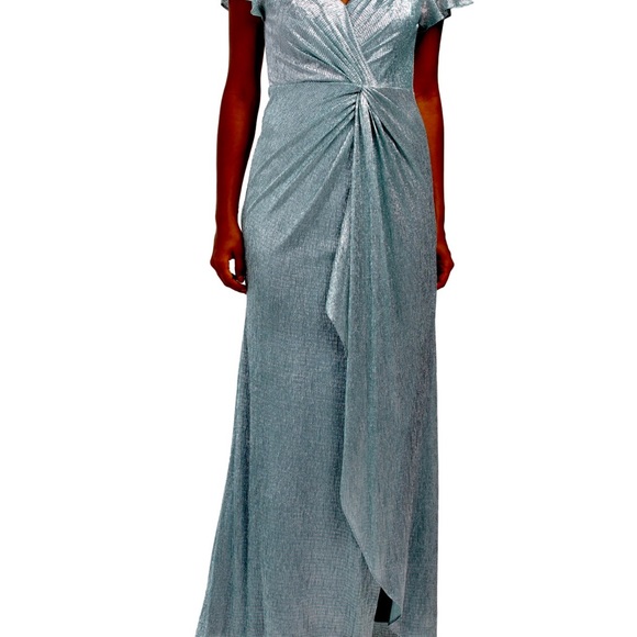 Adrianna Papell KNOT FRONT METALLIC GOWN WITH FLUTTER SLEEVE - Picture 1 of 3